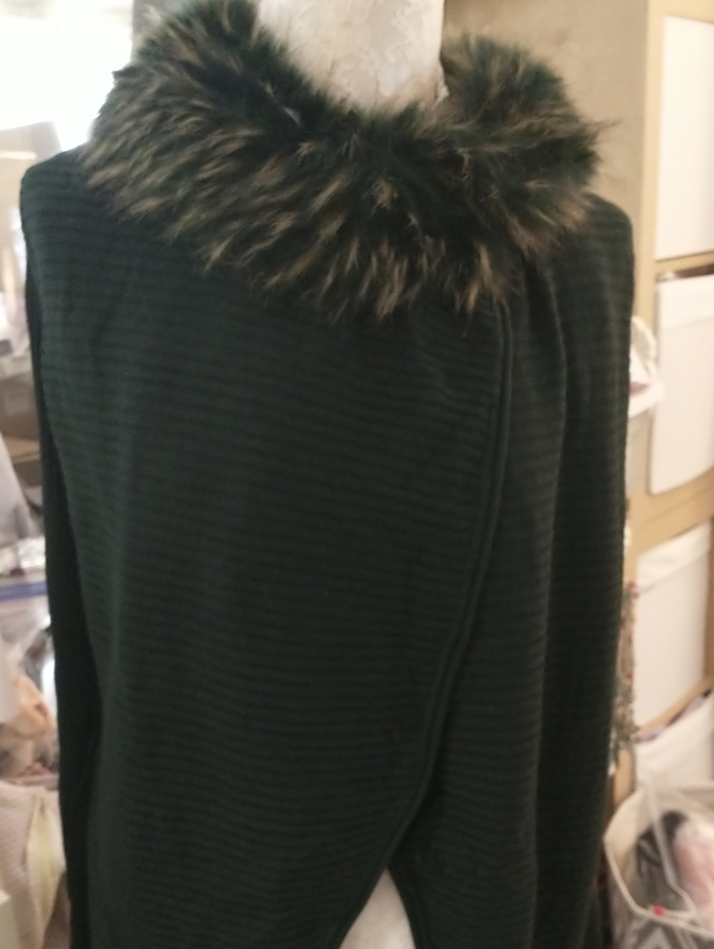 Alfani Forest Green Faux Fur Collar Wrap Cardigan